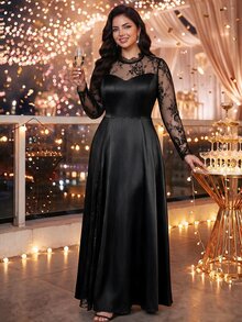Auveirra Plus Size Women's Contrast Lace Long Sleeve Elegant Dress - Black - View 3