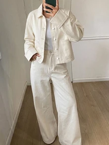 DAZY Autumn White Collared Button Pocket Decor Short Denim Jacket With Wide Leg Denim Pants Set - White - View 5
