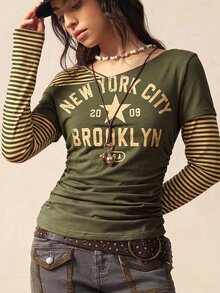 Bohemela Women's Letter Print 2 In 1 Patchwork Casual Everyday Long Sleeve Top - Green - View 5