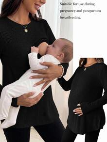 SHEIN Maternity Nursing Long Sleeve Top, Casual Minimalist Fall - Black - View 1