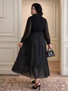 Vibekara Plus Size Elegant Sophisticated Fitted Patchwork Waist-Cinched Dress Fall - Pink - View 3
