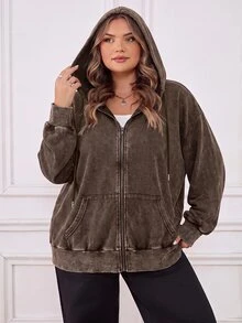 SHEIN CURVE+ 大尺碼開襟拉鍊式水洗布料長袖運動衫，黑色休閒套頭衫，2026 22W 秋季 - 咖啡棕 - 查看 6