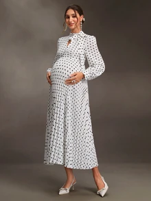 Momance Maternity Polka Dot Print Elegant Pleated Dress - White - View 3