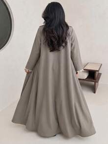 Al Najma Plus Size Lapel Collar Open Front Abaya Maxi Coat Lace Cuff Trim Long Sleeve Loose Modest Fall Muslim Outerwear - Khaki - View 2