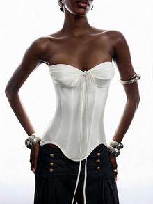 LYSMO Women's Casual White Bandeau Top With Front Tie - White - View 1