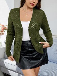 Easowa Curve Plus Size Solid Color Hollow Knit Cardigan - Army Green - View 5