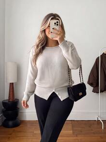 Vionelle Plus Size Fashion Beige Round Neck Long Sleeve Pullover Sweater With Split Hem Design, Casual Versatile Commute Work Life Autumn/Winter Top - Apricot - View 5