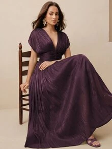 Anewsta 女款春夏新款優雅亮面高貴V領百褶細肩帶收腰洋裝，適合派對、度假、聚會 - Bold Plum - 查看 3