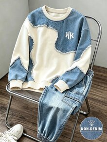 2件組青少年男孩時尚極簡舒適圓領衛衣與工裝褲套裝，印花Logo設計，適合假日派對休閒穿著，5-15°C男孩春/秋/冬首選，街頭風，返校與聚會休閒穿搭 - 彩色 - 查看 3