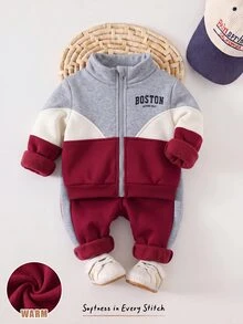 Cozy Pixies 男嬰拼接撞色字母印花圓領長袖拉鍊連帽衛衣與鬆緊腰收口長褲兩件套 - 彩色 - 查看 8