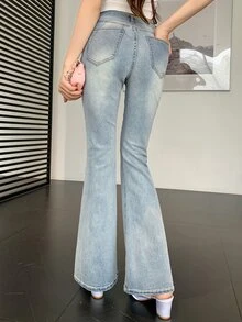 DAZY Women's Casual Daily Flare Jeans With Pocket, Button And Rhinestone Embellishments - Blue - View 3