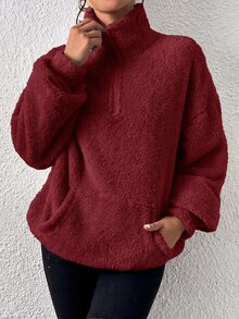 SHEIN EZwear 女款素色立領休閒百搭長袖運動衫 - 酒紅色 - 查看 3