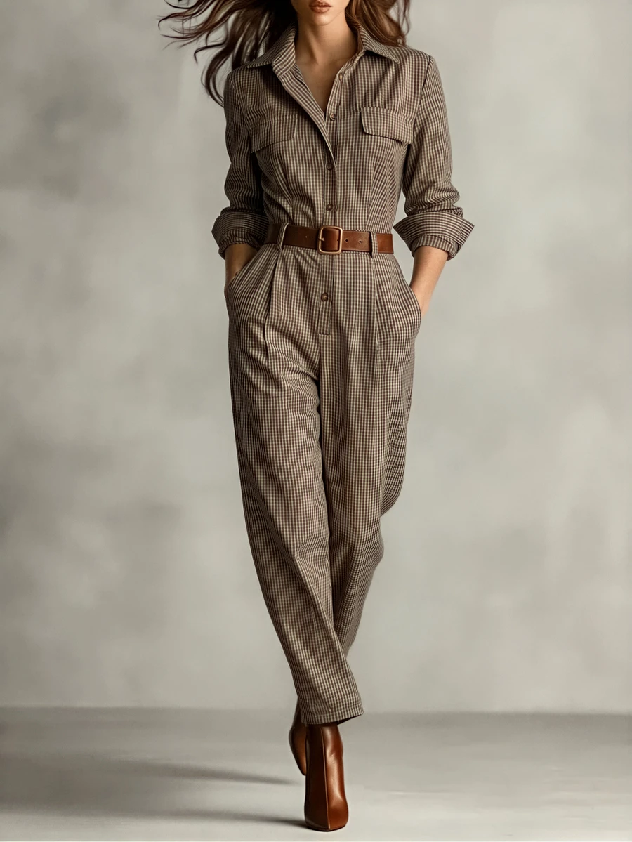 Trelyra French Vintage Brown Plaid Long Sleeve Jumpsuit, Retro Jumpsuit Suitable For Daily Outfits - Brown - View 1