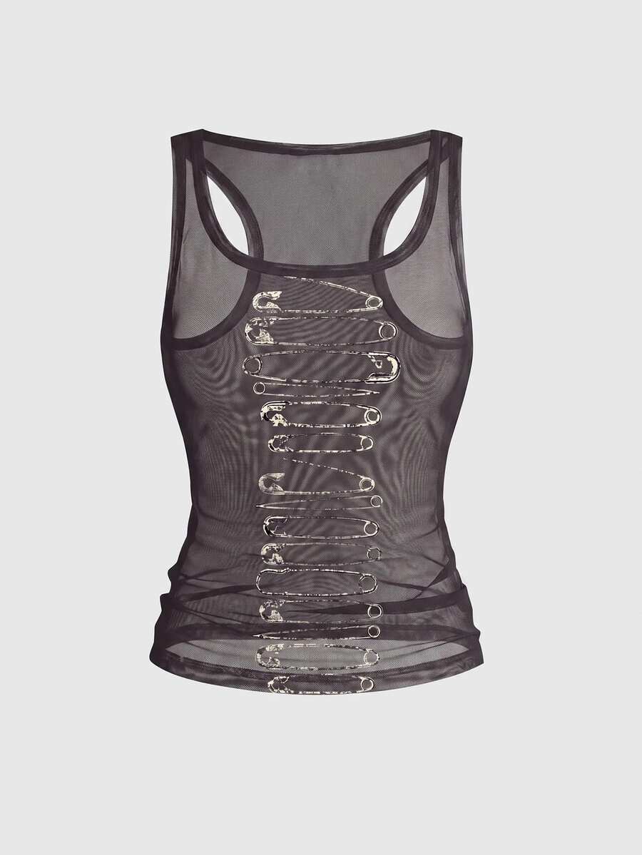 ROMWE Grunge Punk Dark Millennium Distressed Sexy Sheer Mesh Tank Top For Women - Dark Grey - View 1