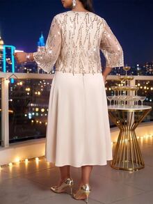 SHEIN Lady CURVE Plus Size Women's Solid Color Dress And Mesh Cardigan Fashion 2 Pieces Set - Gold - View 2
