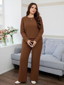 Easowa Curve 2件組大尺碼休閒純色長袖上衣與迷彩印花長褲套裝，春秋日常穿著，基本款，迷彩印花兩件式 S - 棕色 - 查看 5