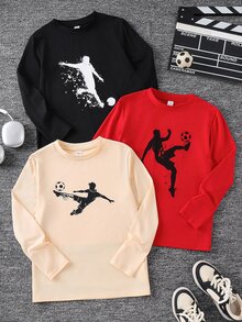 SHEIN 3件組買1送2兒童青少年男孩休閒運動足球籃球圖案T恤套裝，軍綠色、黑色、卡其色，適合秋冬、學校、家庭聚會、度假、派對，秋季穿搭，冬季穿搭 - 彩色 - 查看 4