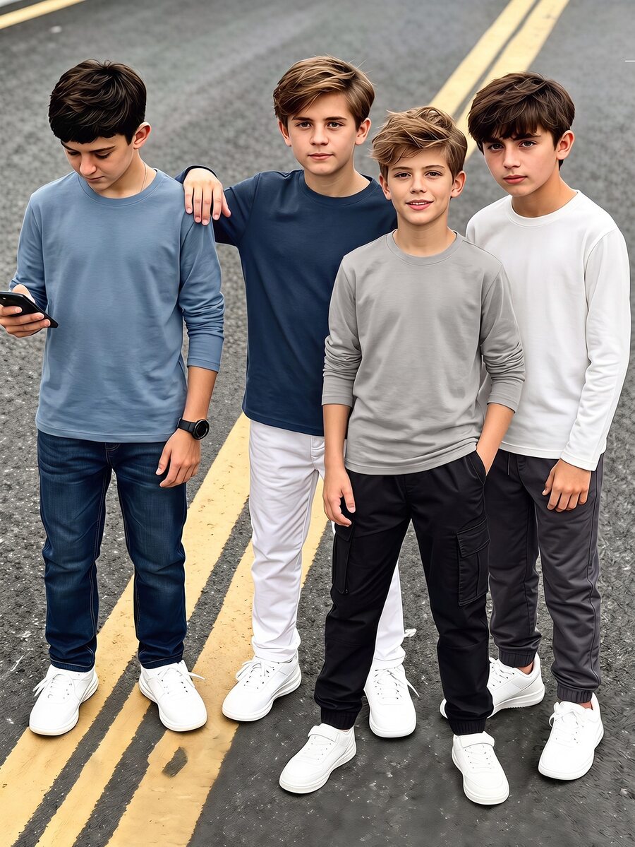 Kids Tween Boy Solid Color Crew Neck Long Sleeve Casual T-Shirt 4pcs -Piece Set - Multicolor - View 1