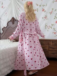 CottageSlumber رداء نسائي بطراز أوروبي وأمريكي وردي اللون من الدانتيل مطبوع برباط أمامي ملابس منزلية - وردي - مشاهدة 2