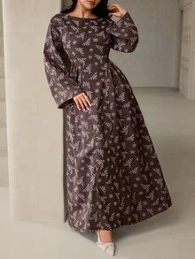 Veilorie Women's French Style Ruched Waist Jacquard Long Sleeve Dress - Coffee Brown - View 4