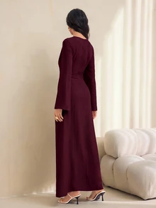 SHEIN Tall 女款純色扭結設計前襟金屬扣飾喇叭袖長袖洋裝 - 紫紅色 - 查看 4