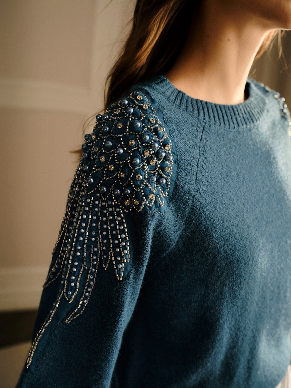 MOTF WOMEN'S AUTUMN/WINTER BEADED DECOR RAGLAN SLEEVE LOOSE SWEATER