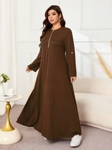 Lacomfia 女款前拉鍊長袖寬鬆舒適休閒居家服 純色春夏秋冬大尺碼洋裝 - 咖啡棕 - 查看 3