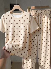 Comfortcana 2pcs/Set Casual Plus Size Women's Polka Dot Pattern Apricot T-Shirt & Pants, Suitable For Summer - Multicolor - View 3