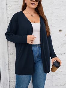 SHEIN LUNE Plus Size Solid Color Minimalist Versatile Long Sleeve Knit Cardigan For Daily Wear - Navy Blue - View 1
