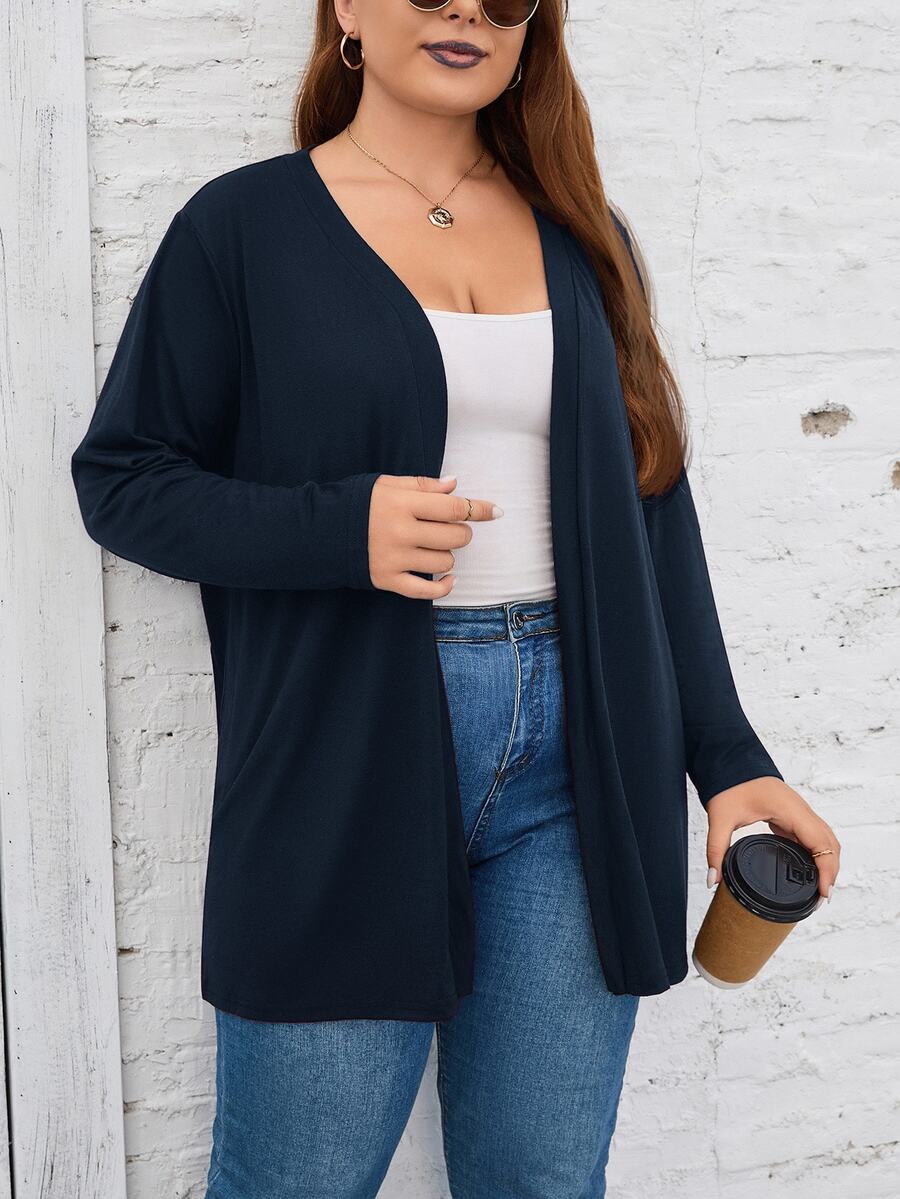 SHEIN LUNE Plus Size Solid Color Minimalist Versatile Long Sleeve Knit Cardigan For Daily Wear - Navy Blue - View 1