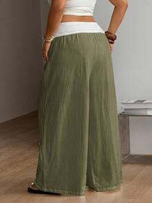 Coolane Women's Plus Size Summer Fall Going Out Elegant Vacation Country Concert Boho Basic 100 Cotton Color-Blocked White Green Mid-Waist Wide Leg Pants - Army Green - View 6