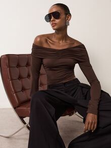 MERLEAU Women's Dark Brown Slim-Fit Solid Ruched Shoulder Long Sleeve Top, Autumn Modern Sexy Style For Night Out, Going Out And Date Nights,Tops - Brown - View 4
