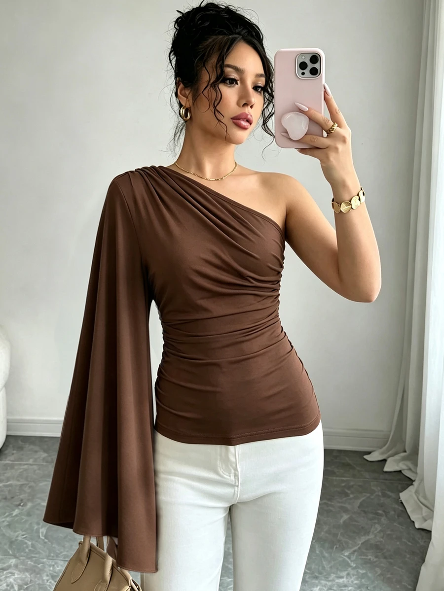Elenzga Women's Elegant Commute Solid Color One Shoulder Bell Sleeve Top - Brown - View 1