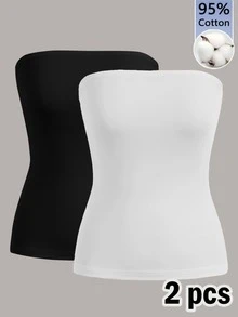 SHEIN BASICS 女款純色修身百搭日常穿搭抹胸上衣 2件組 - 黑與白 - 查看 1