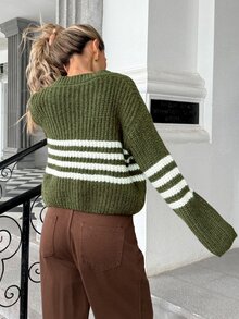 Pariaura American Style Contrast White Striped Slouchy Chunky Knit Round Neck Metal Button Lantern Sleeve Short Button-Up Cardigan - Army Green - View 2