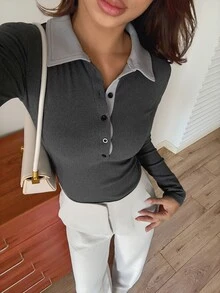 DAZY Grey Collared Lace Patchwork Hollow Out Pearl Button Fitted Long Sleeve Korean Style Sexy Base Layer T-Shirt Fall - Grey - View 7