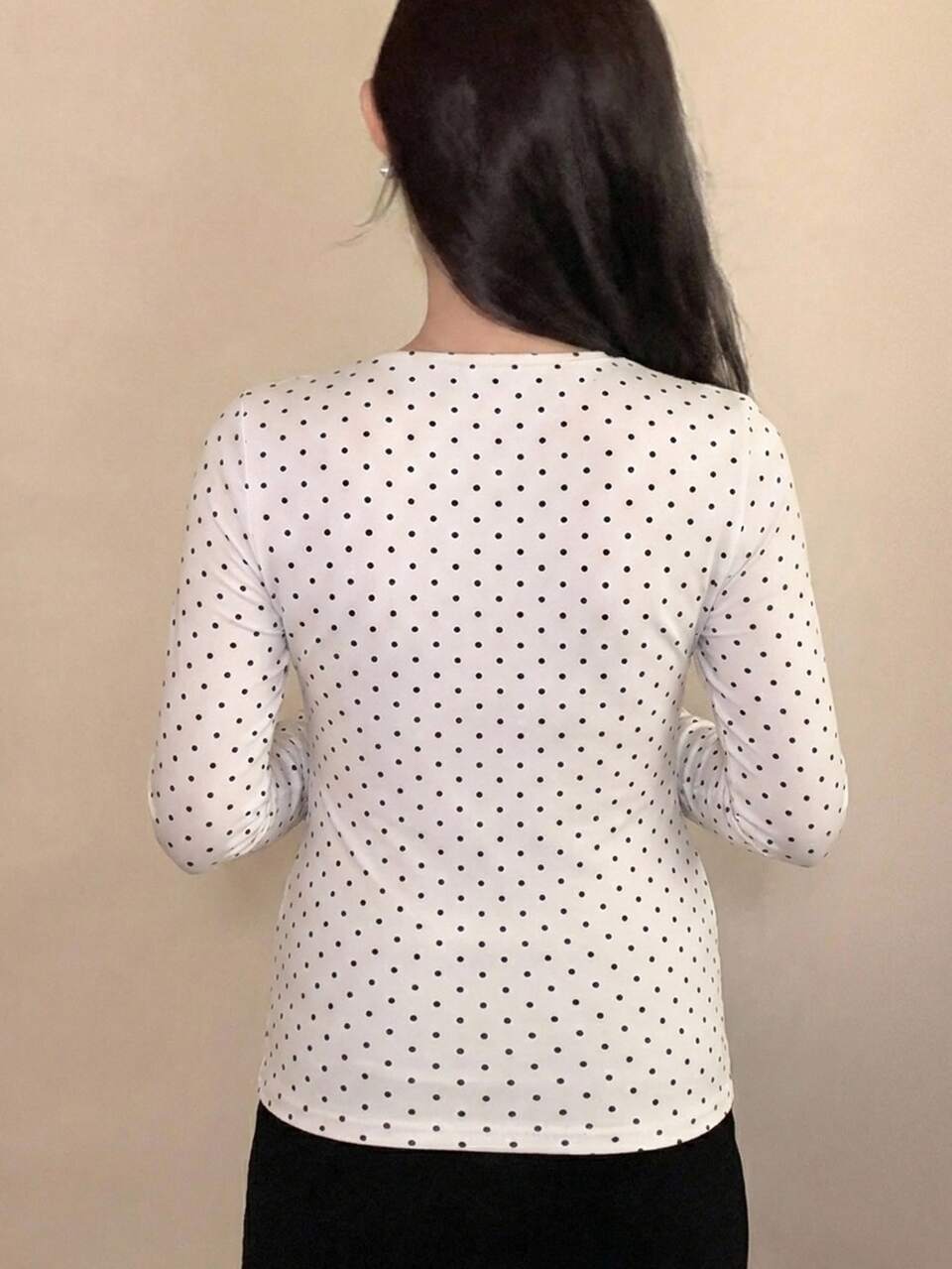 Contrast Color Polka Dot Slim Fit Elastic Ruched Tie Long Sleeve Casual Vacation Korean Style Versatile Daily Spring Autumn Maternity T-Shirt