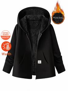 SHEIN Clasi 大尺碼女款純色抓絨內裡休閒百搭日常長袖夾克 - 黑色 - 查看 13