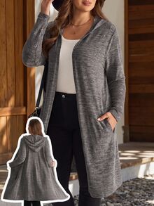 EMERY ROSE Jaket Lengan Panjang Berkerudung Ukuran Besar Warna Abu-abu Polos dengan Patchwork Renda Bergaris dan Kantong, Koleksi Musim Gugur/Musim Dingin 2026 - Grey - View 2