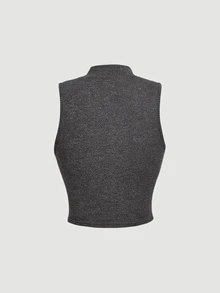 SHEIN MOD Women's 2pcs Ribbed Knit Solid Metal Buckle Mock Neck Sleeveless Slim Fit Crop Tank Top Set Black Grey Coquette Sweet Y2K For Christmas Party Fall - Multicolor - View 6