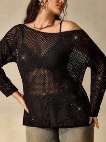 Nubod Sweater Kasual Wanita Ukuran Besar Warna Polos Bahu Asimetris untuk Sehari-hari di Musim Gugur - Hitam - View 4