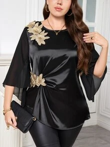 SHEIN Clasi Plus Size French Style 3D Floral Decor Pleated Satin Blouse - Black - View 5