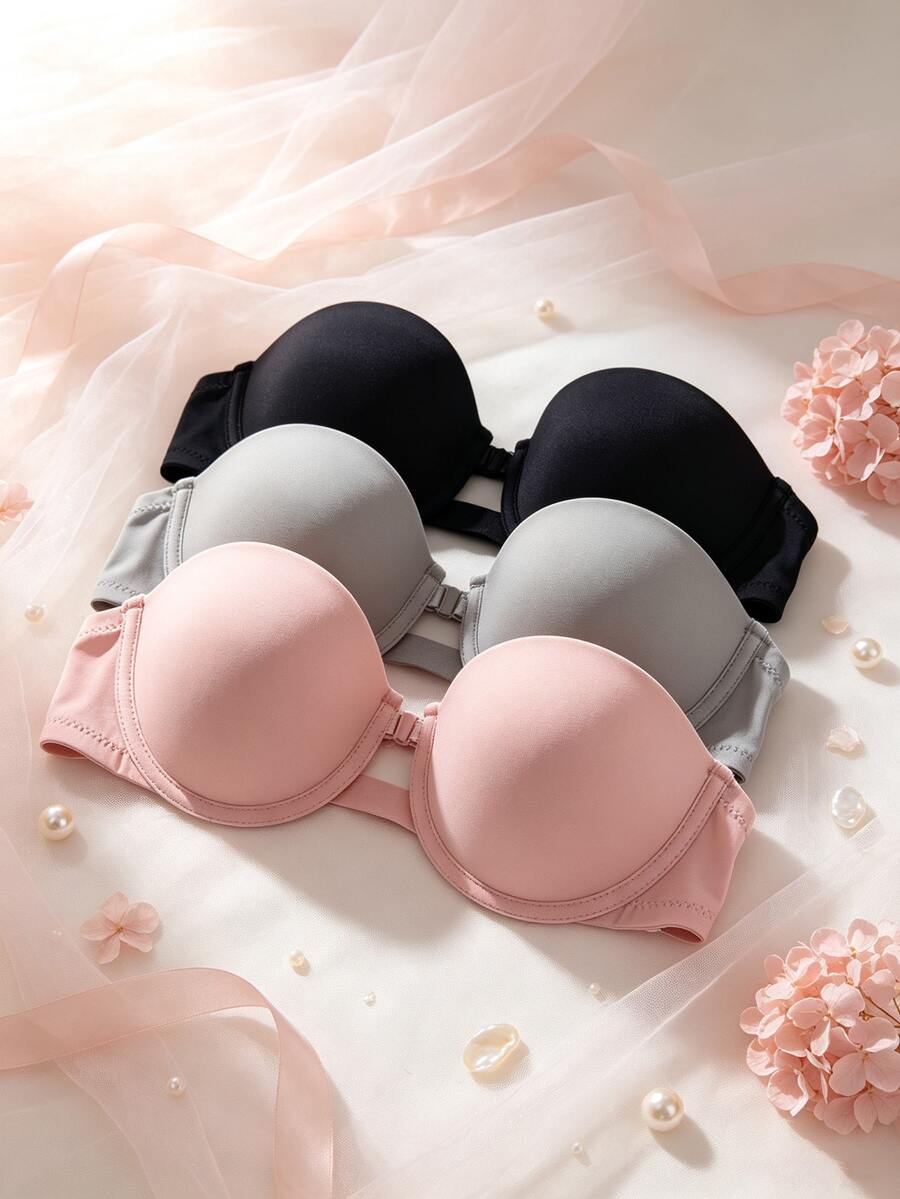 Snug Zone 3件組極簡主義無肩帶性感女款前扣式胸罩 - 彩色 - 查看 1