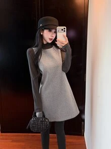 DAZY Autumn/Winter Grey Sleeveless A-Line Wool Tank Dress, Slim Fit Elegant Date Commute Wedding Women's Short Dress - Grey - View 1