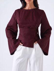 LYSMO Women's Striped Waist-Cinching Fashion Long Sleeve Business Shirt - Burgundy - View 4