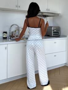 ZzzCrew Milk Silk Polka Dot Print Lace Bow Cute Women's Pajama Set - Black and White - View 2