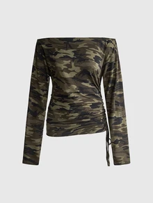 ROMWE J-Fashion Y2K Sexy Hot Girl Striped Batwing Sleeve Ruched Drawstring Off-Shoulder Women's Set - Army Green - View 10