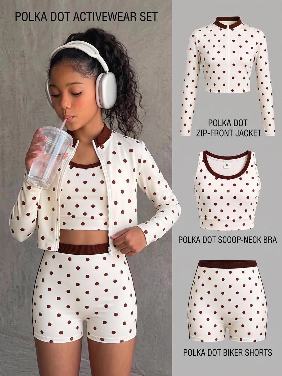 SHEIN Kids Tween Girl Polka Dot Print Tank Top And Shorts With Long Sleeve Zip-Up Jacket Sports Set, Casual Everyday Wear - Apricot - View 1