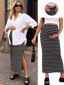 SHEIN Adjustable Waist Striped Side Slit Maternity Skirt Fall - Black and White - View 1