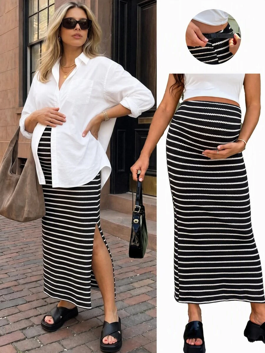 SHEIN Adjustable Waist Striped Side Slit Maternity Skirt Fall - Black and White - View 1